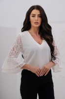 Stylowa bluzka damska koronkowy rękaw 3/4 dekolt V - krem